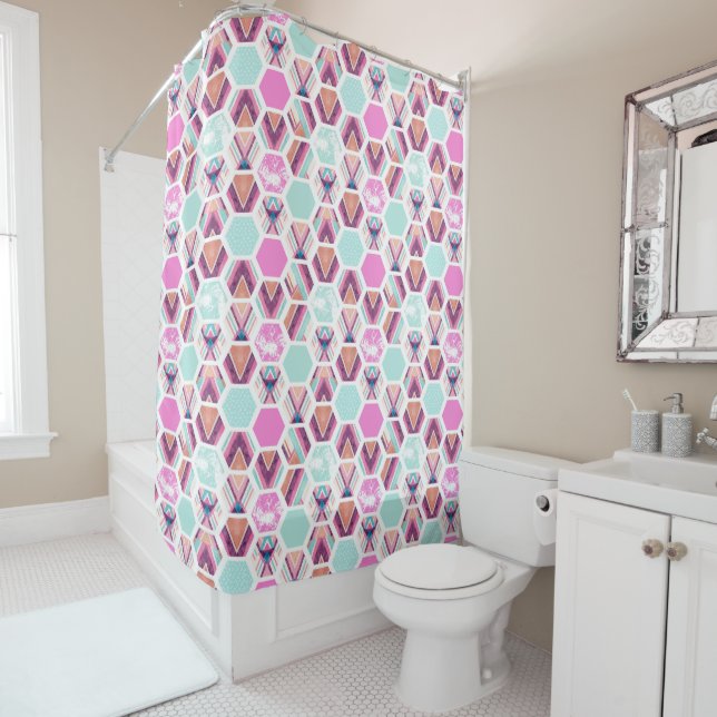 Watercolor Hexagon Pattern Shower Curtain (In Situ)