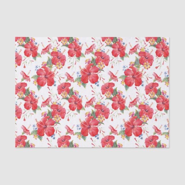 Watercolor Hibiscus and Lantana Floral Pattern Tissue Paper (Front)