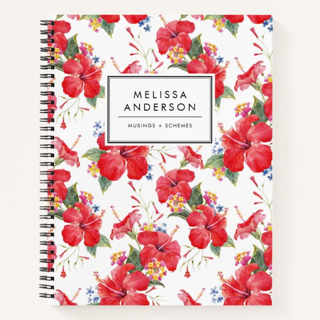 Watercolor Hibiscus and Lantana Pattern Custom Notebook (Front)