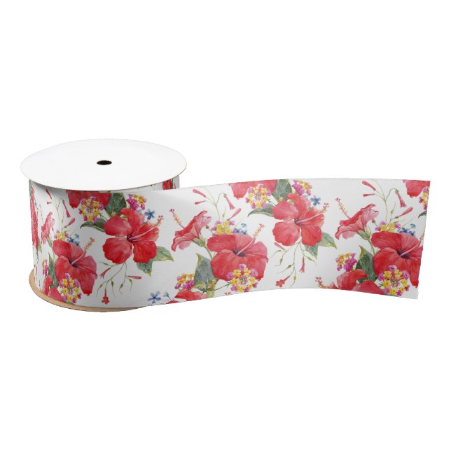 Watercolor Hibiscus and Lantana Tropical Pattern Satin Ribbon (Spool)