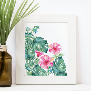 Watercolor Hibiscus and Monstera Leaves Poster