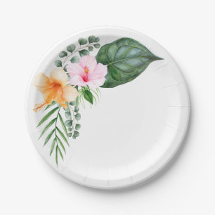 Watercolor Hibiscus and Tropical Foliage Paper Plate