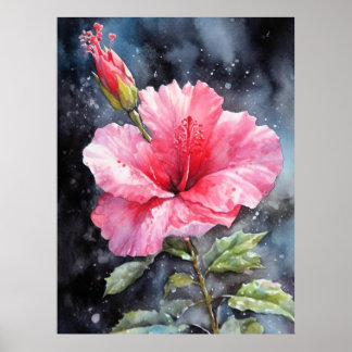 Watercolor Hibiscus Floral Illustrative Print 