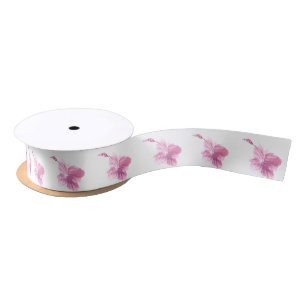 Watercolor Hibiscus Floral Pink Tropical Greenery Satin Ribbon