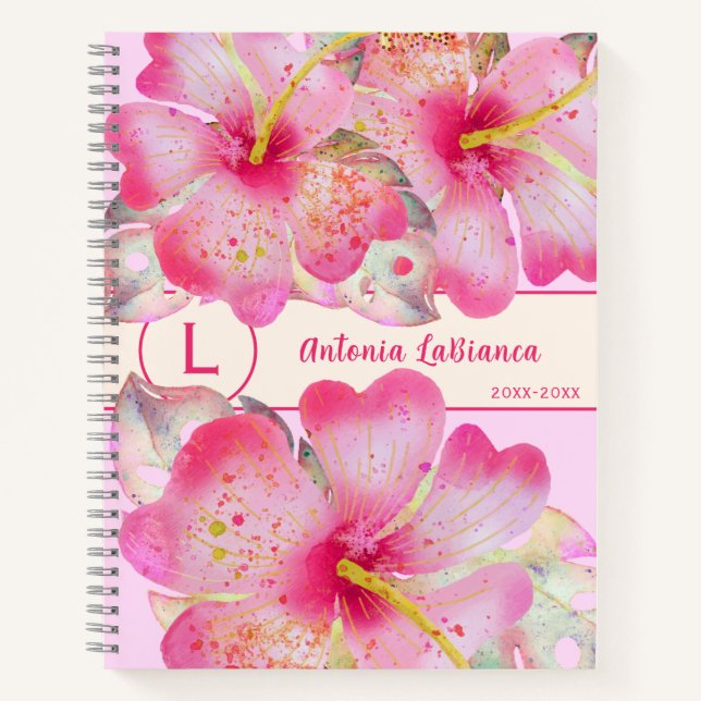 Watercolor Hibiscus Flower Monogram Notebook (Front)
