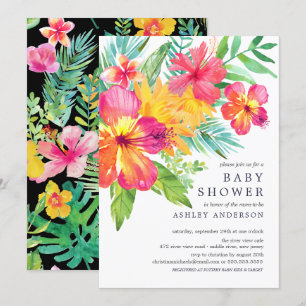 Watercolor Hibiscus Flowers Tropical Baby Shower Invitation