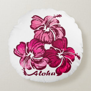 Watercolor Hibiscus Hawaiian Floral Reversible Round Cushion