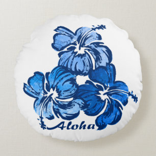 Watercolor Hibiscus Hawaiian Floral Reversible Round Cushion