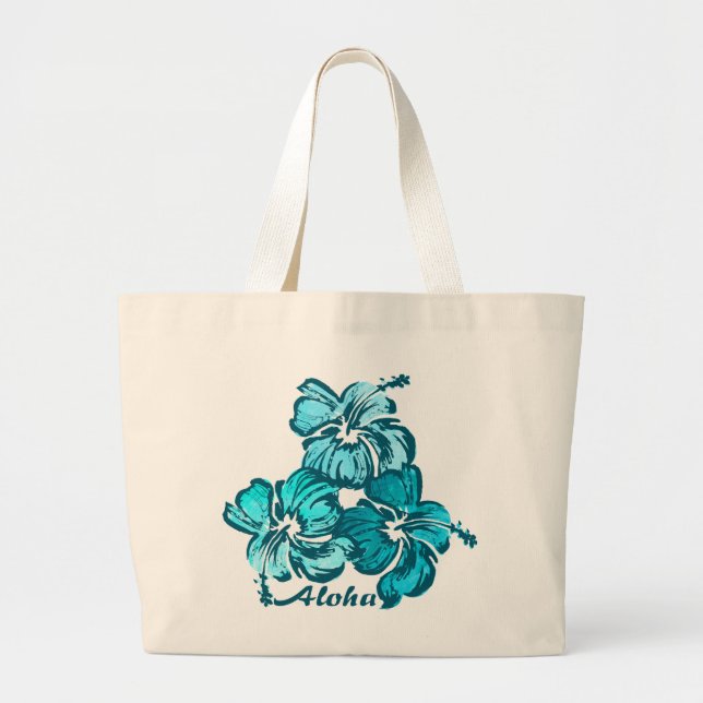 Watercolor Hibiscus Hawaiian Tropical Large Tote Bag (Front)