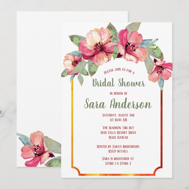 Watercolor Hibiscus Luau Party Bridal Shower Invitation (Front/Back)