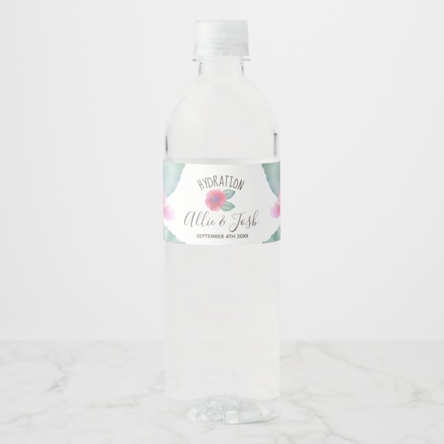 Watercolor Hibiscus Maui Wedding Water Bottle Label (Front)