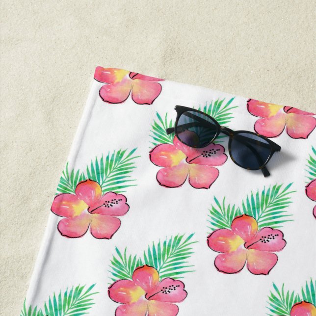 Watercolor Hibiscus Palm Fronds Pattern  Beach Towel (In Situ)