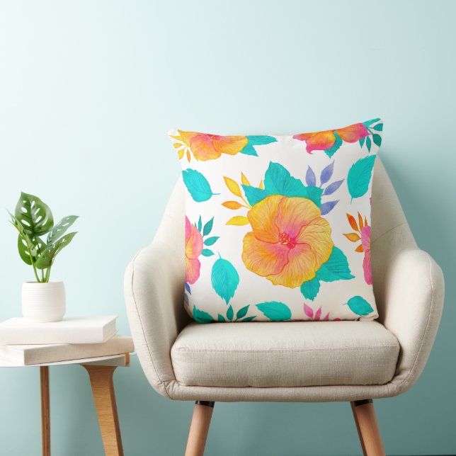 Watercolor Hibiscus Pattern - Tropical Floral Cushion (Chair)