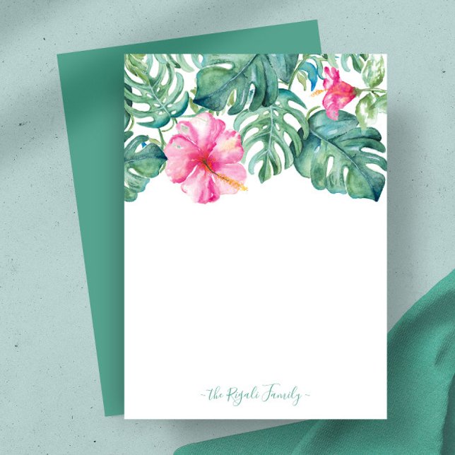 Watercolor Hibiscus Personalised Stationery Card (Pink hibiscus flower and monstera palm leaves notecard watercolor art by Victoria Grigaliunas)