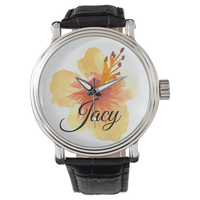 Watercolor Hibiscus Script Name Mothers Day Watch (Front)