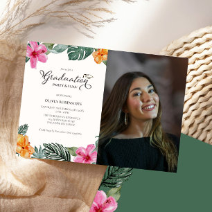 Watercolor Hibiscus Tropical Luau Graduation Photo Invitation