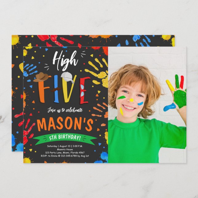 Watercolor High Five Birthday Photo Invitation (Front/Back)