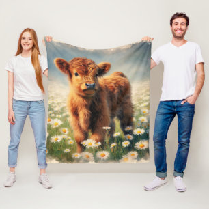 Watercolor Highland Cow Calf Daisy Field Fleece Blanket
