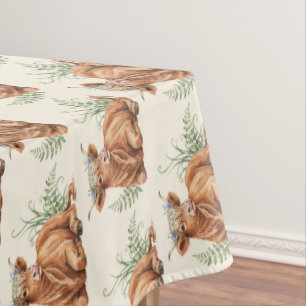Watercolor Highland Cow Floral Crown Cottagecore Tablecloth