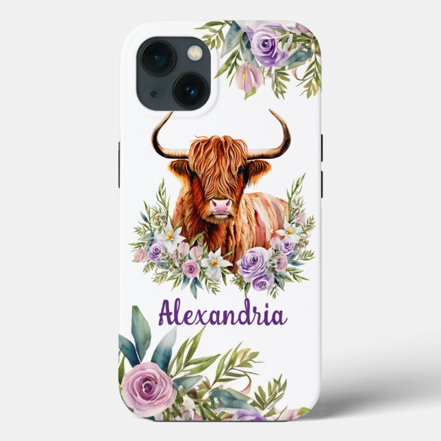 Watercolor Highland Cow Flower Personalise Name Case-Mate iPhone Case (Back)
