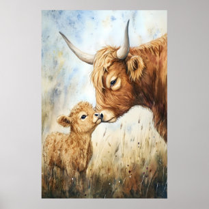 Watercolor Highland Cow Print, Nursery Animal Art Poster