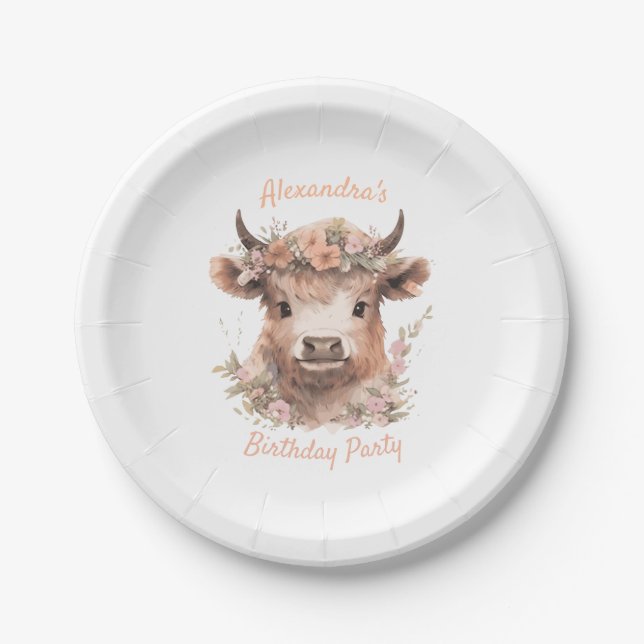 Watercolor Highland Cow Shower/Birthday Plate (Front)