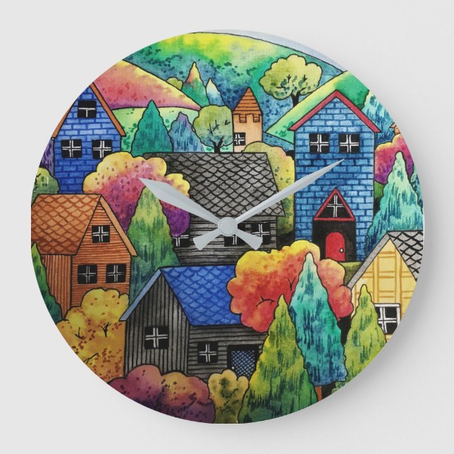 Watercolor Hillside Village With Colorful Houses Large Clock (Front)