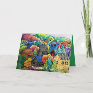Watercolor Hillside Village With Colourful Houses Card