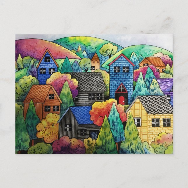 Watercolor Hillside Village With Colourful Houses Postcard (Front)