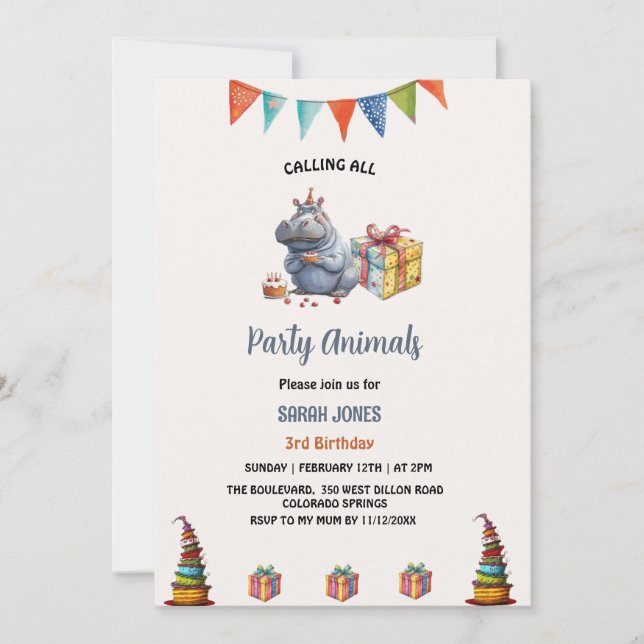 watercolor hippo party animals birthday  invitation (Front)