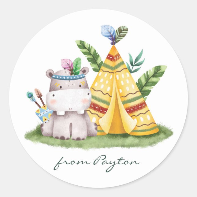 Watercolor Hippo Tribal Safari Birthday Classic Round Sticker (Front)