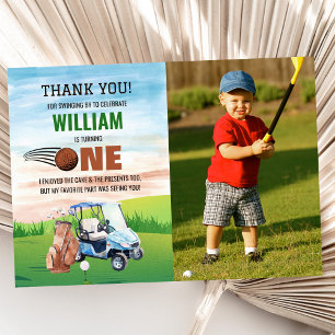 Watercolor Hole in One Golf 1st Birthday Photo Thank You Card