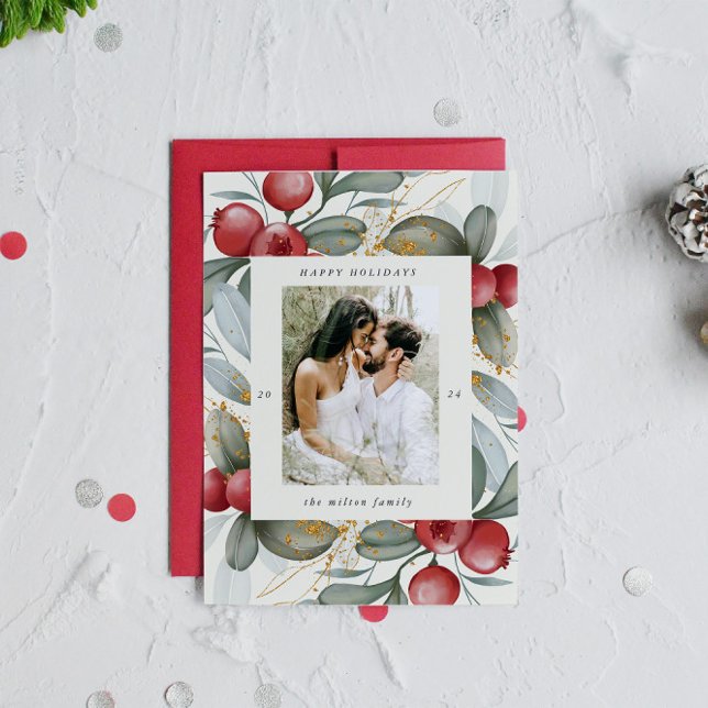 Watercolor Holiday Berries One Photo Holiday Card (Creator Uploaded)