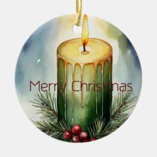 Watercolor Holiday Candle Festive Illustration Ceramic Ornament