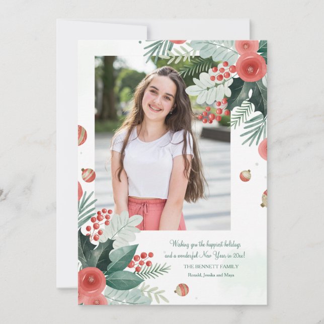 Watercolor Holiday Floral Photo Card (Front)