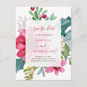 Watercolor Holiday Floral Wedding Save the Date Postcard