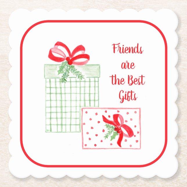 Watercolor Holiday Friends are the Best Gifts Paper Coaster (Front)