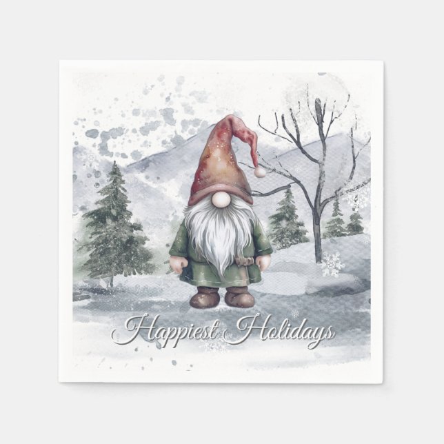 Watercolor Holiday Gnome Christmas Party Napkin (Front)