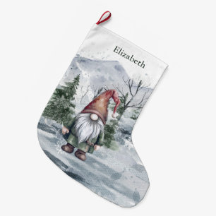 Watercolor Holiday Gnome Personalised Large Christmas Stocking