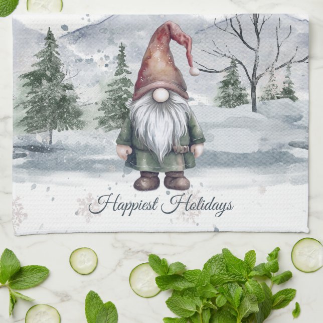 Watercolor Holiday Gnome Tea Towel (Folded)