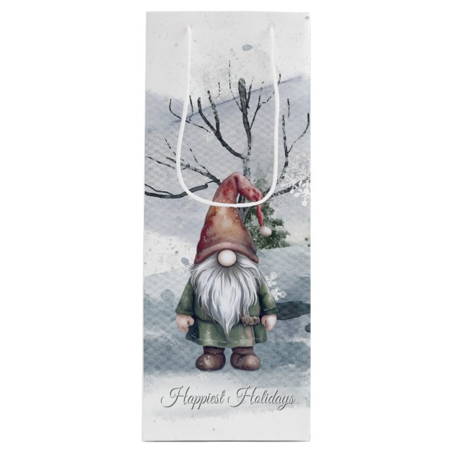 Watercolor Holiday Gnome Wine Gift Bag (Front)