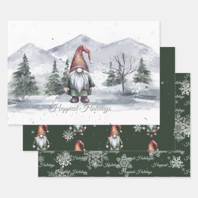 Watercolor Holiday Gnome Wrapping Paper Sheet (Set)