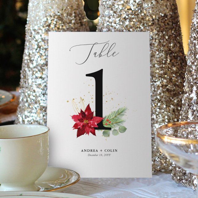 Watercolor Holiday Greenery + Gold Table Number 1 (Botanical Christmas Wedding / Event Table Number | No. 1 (For all numbers, see Collection below))