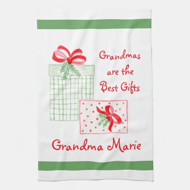Watercolor Holiday PERSONALIZE Grandma Tea Towel (Vertical)