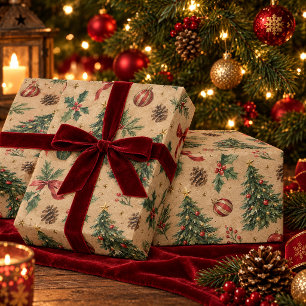 Watercolor Holiday Tree Kraft Paper Gift Wrap