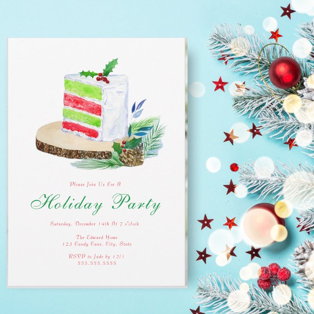 Watercolor Holiday Winter Cake With Holly Invitation (This lovely Christmas Holiday layered cake makes a wonderful center piece for a party invitation.)