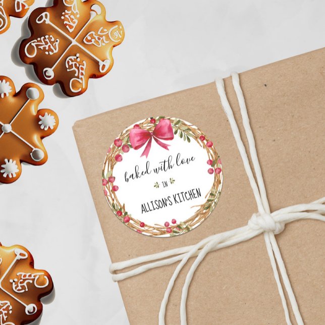 Watercolor Holiday Wreath Baked With Love Classic Round Sticker (Creator Uploaded)