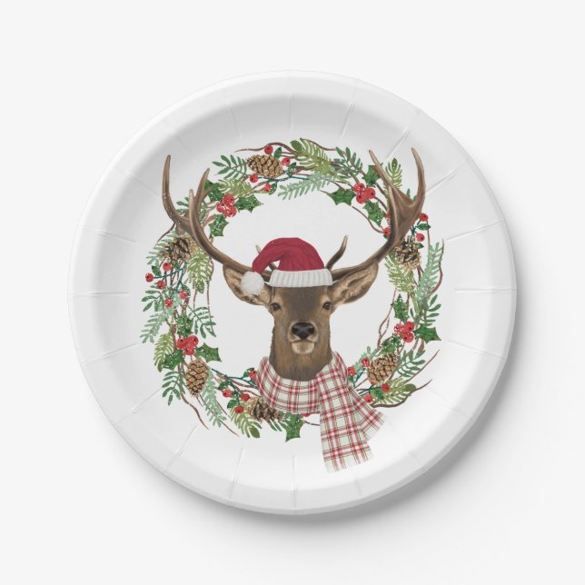 Watercolor holiday wreath with deer head paper plate (Front)