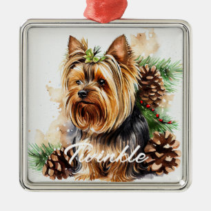 WATERCOLOR HOLIDAY YORKSHIRE TERRIER DOG METAL ORNAMENT