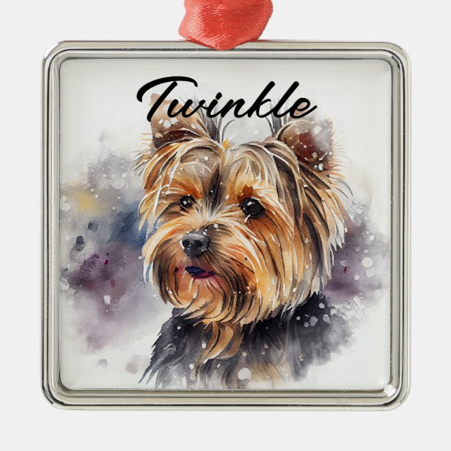 WATERCOLOR HOLIDAY YORKSHIRE TERRIER DOG METAL ORNAMENT (Front)